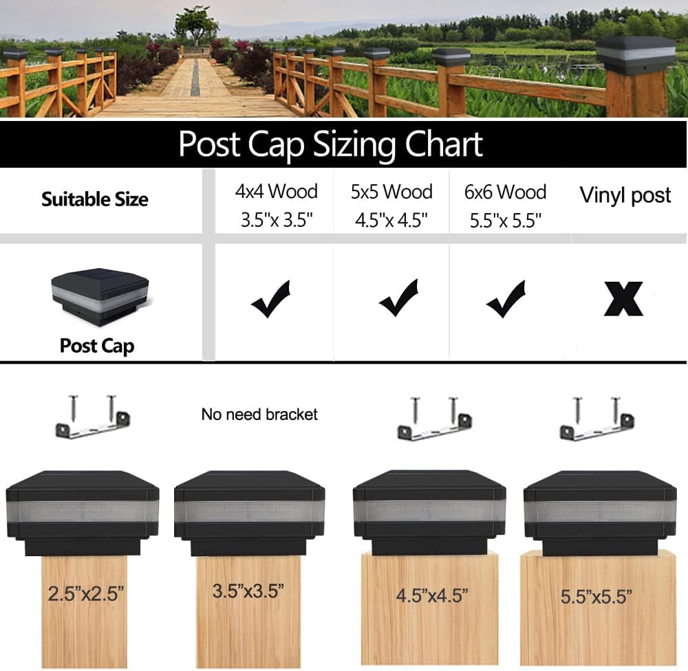 Solar Post Cap Light, 52 LEDs 160 Lumen Outdoor Solar Post Light Fits 4x4 5x5 6x6 Wooden Posts IP65 Deck Fence Lights Platform Garden Patio 6000K White Lighting, Black Shell